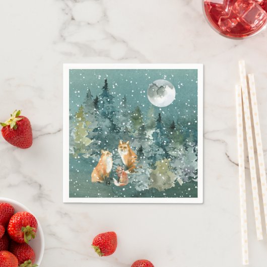 Fox Familie in Forest Full Moon Schneefall Urlaub Serviette (Beispiel)