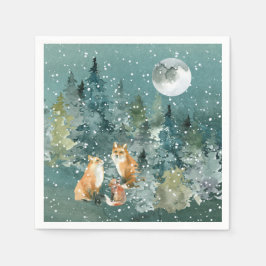 Fox Familie in Forest Full Moon Schneefall Urlaub Serviette