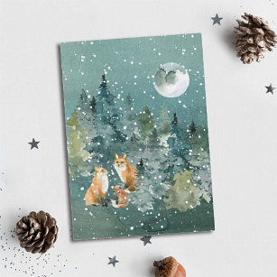 Fox Familie in Forest Full Moon Schneefall Weihnac Feiertagskarte