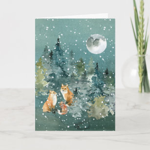 Fox Familie in Forest Full Moon Snowfall Wasserfar Feiertagskarte