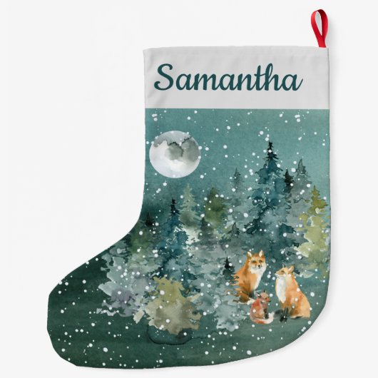 Fox Familie in Forest Full Moon Snowfall Wasserfar Großer Weihnachtsstrumpf (Rückseite)