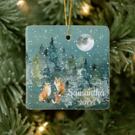 Fox Familie in Forest Full Moon Snowfall Wasserfar Keramikornament