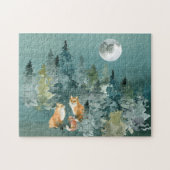 Fox-Familie in Forest Full Moon Wasserfarbe Puzzle (Horizontal)