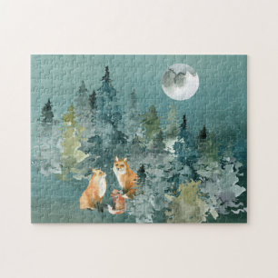 Fox-Familie in Forest Full Moon Wasserfarbe Puzzle