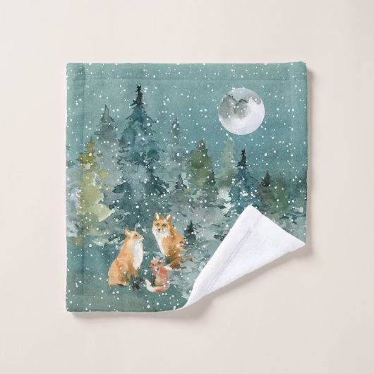 Fox-Familie in Forest Vollmond-Schneefall Badhandtuch Set (Waschlappen)