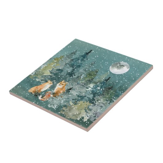 Fox-Familie in Forest Vollmond-Schneefall Fliese (Seite)