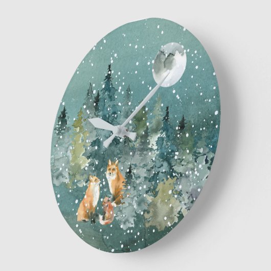Fox-Familie in Forest Vollmond-Schneefall Große Wanduhr (Winkel)