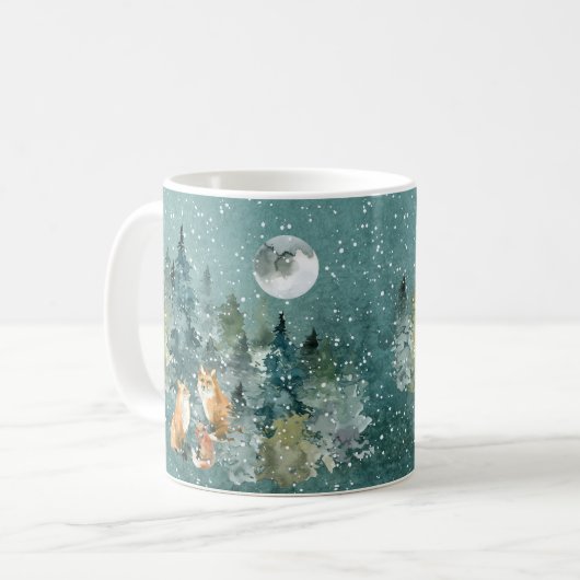 Fox-Familie in Forest Vollmond-Schneefall Kaffeetasse (Vorderseite Links)