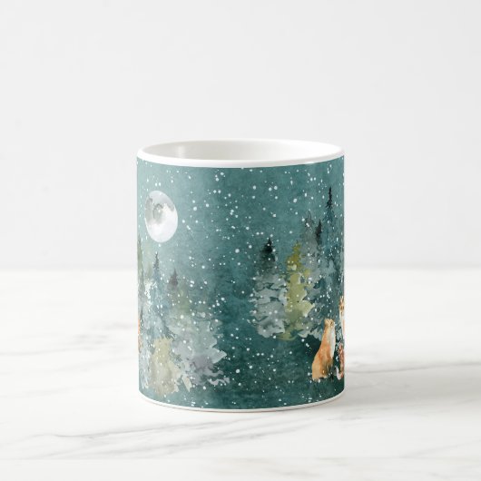 Fox-Familie in Forest Vollmond-Schneefall Kaffeetasse (Mittel)