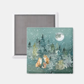 Fox-Familie in Forest Vollmond-Schneefall Magnet (Vorderseite/Rückseite)