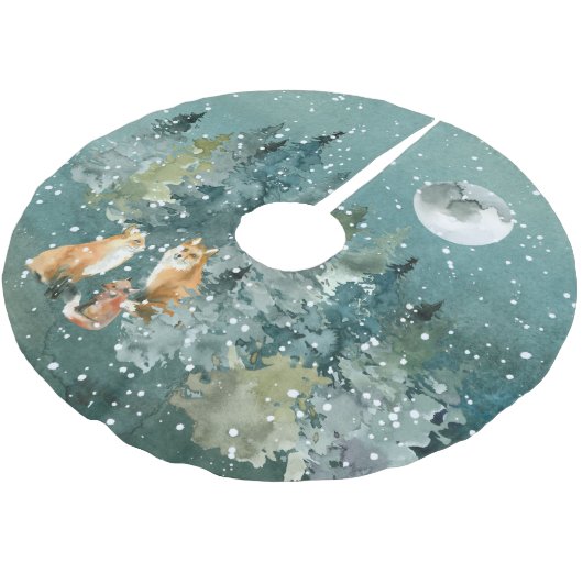 Fox-Familie in Forest Vollmond-Schneefall Polyester Weihnachtsbaumdecke (Schrägansicht)