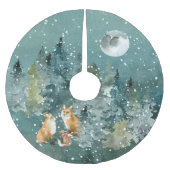 Fox-Familie in Forest Vollmond-Schneefall Polyester Weihnachtsbaumdecke (Vorderseite)