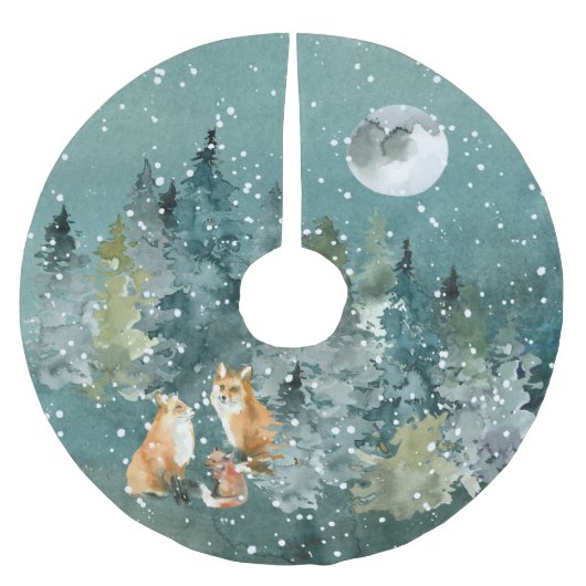 Fox-Familie in Forest Vollmond-Schneefall Polyester Weihnachtsbaumdecke (Vorderseite)