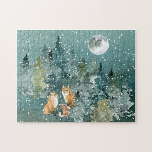 Fox-Familie in Forest Vollmond-Schneefall Puzzle (Horizontal)