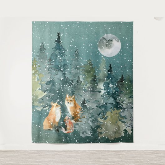 Fox-Familie in Forest Vollmond-Schneefall Wandteppich (Vorderseite)