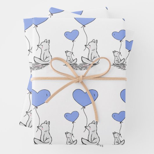 Fox-Familie mit Blue Heart Balloons Geschenkpapier Set (Beispiel)