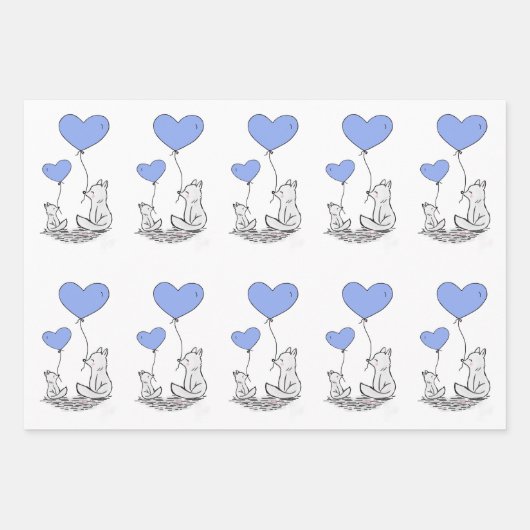 Fox-Familie mit Blue Heart Balloons Geschenkpapier Set (Vorderseite)