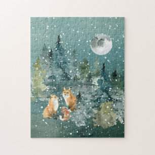 Fox Familienwald Vollmond Schneefall Puzzle