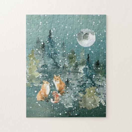 Fox Familienwald Vollmond Schneefall Puzzle (Vertikal)