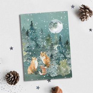 Fox Family Forest Full Moon Snowfall Wasserfarbe Feiertagskarte