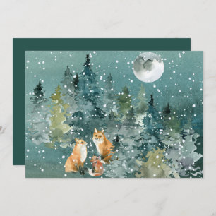 Fox Family Forest Full Moon Snowfall Wasserfarbe Feiertagskarte
