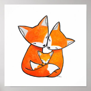 Fox Family Kinderzimmer Art Vater Mama Baby Happy Poster