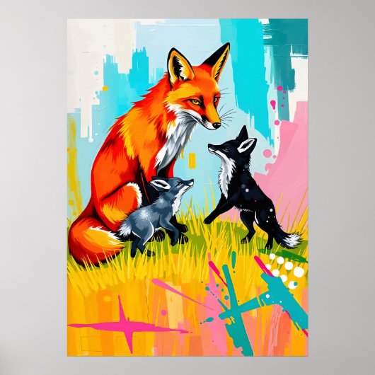 Fox Family Playtime - Neon Wildlife Pop Art Poster (Vorne)
