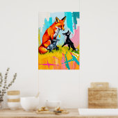 Fox Family Playtime - Neon Wildlife Pop Art Poster (Küche)
