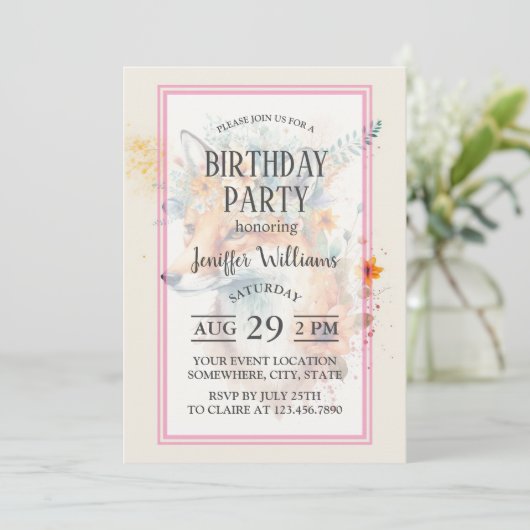 Fox Flower Crown Watercolor                        Einladung (Stehend Vorderseite)