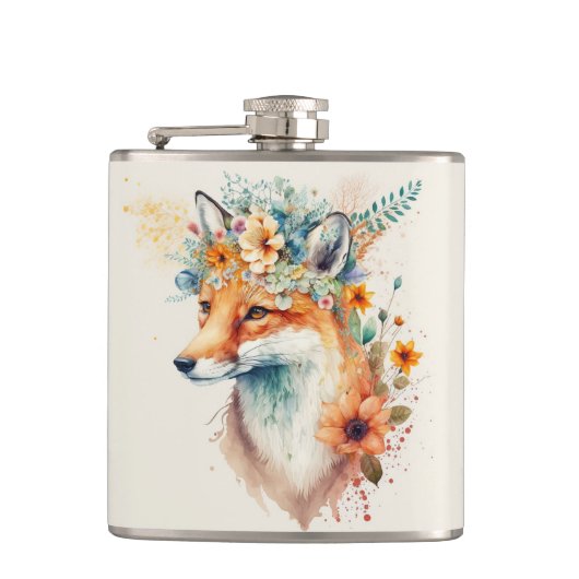 Fox Flower Crown Watercolor                        Flachmann (Vorderseite)