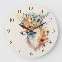 Fox Flower Crown Watercolor Große Wanduhr