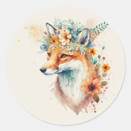 Fox Flower Crown Watercolor Runder Aufkleber