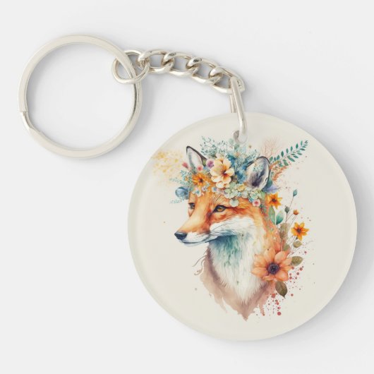 Fox Flower Crown Watercolor                        Schlüsselanhänger (Vorderseite)