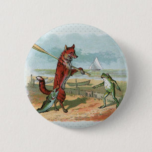 Fox Frog Fishing Antike Illustration Button