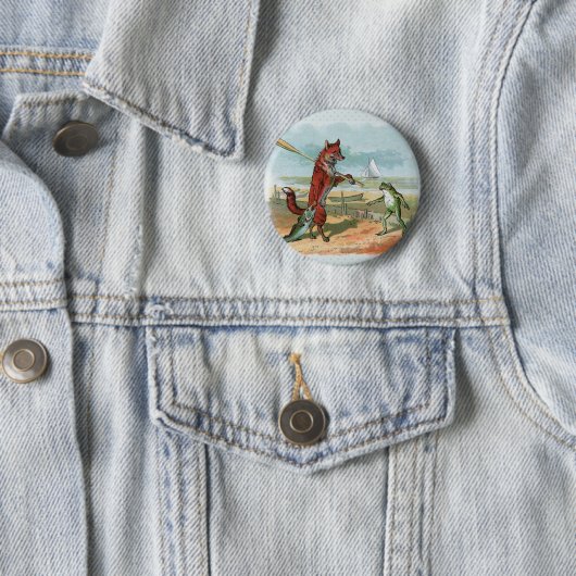 Fox Frog Fishing Antike Illustration Button (Beispiel)