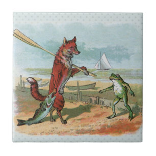 Fox Frog Fishing Antike Illustration Fliese