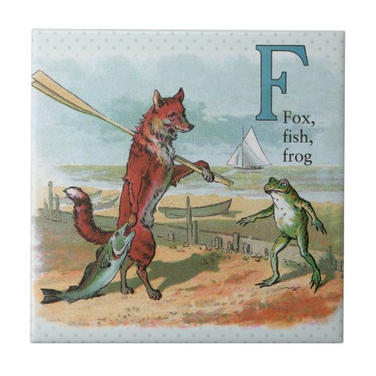 Fox Frog Fishing Antike Illustration Fliese (Vorderseite)