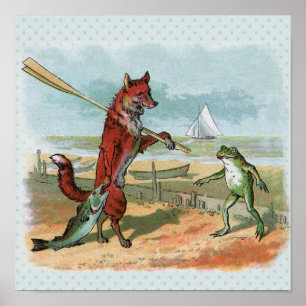 Fox Frog Fishing Antike Illustration Poster