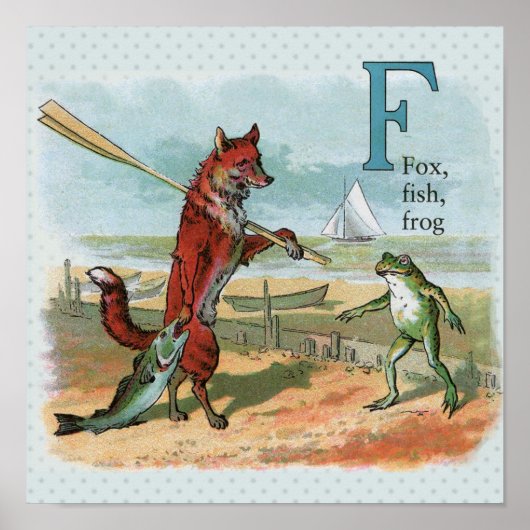 Fox Frog Fishing Antike Illustration Poster (Vorne)