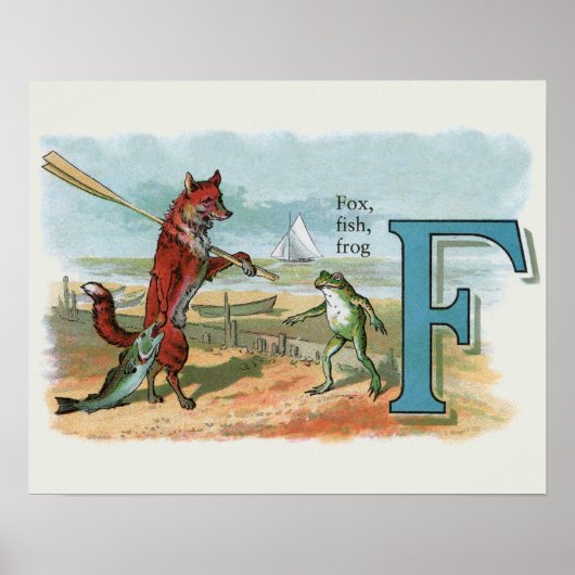 Fox Frog Fishing Antike Illustration Poster (Vorne)