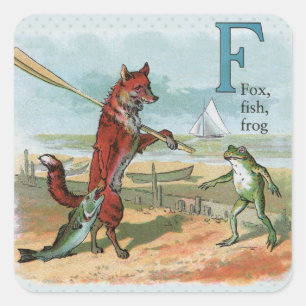 Fox Frog Fishing Antike Illustration Quadratischer Aufkleber