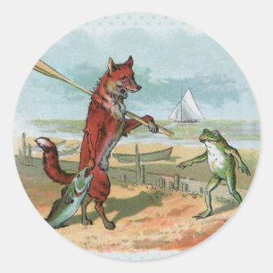 Fox Frog Fishing Antike Illustration Runder Aufkleber