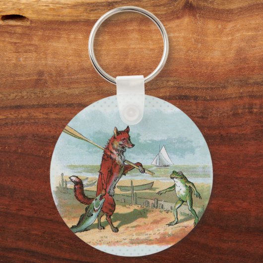 Fox Frog Fishing Antike Illustration Schlüsselanhänger (Vorderseite)