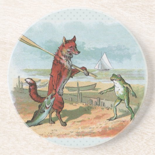 Fox Frog Fishing Antike Illustration Untersetzer (Vorne)