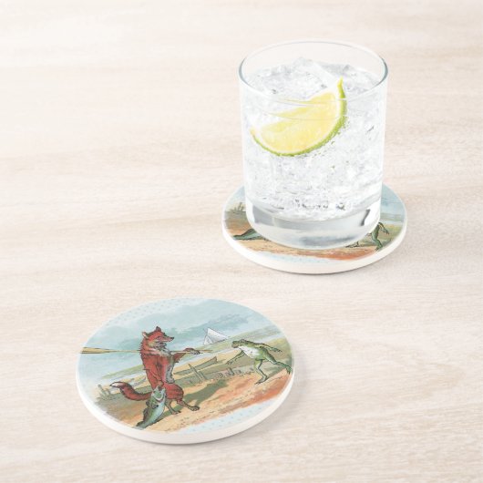 Fox Frog Fishing Antike Illustration Untersetzer (Seite)