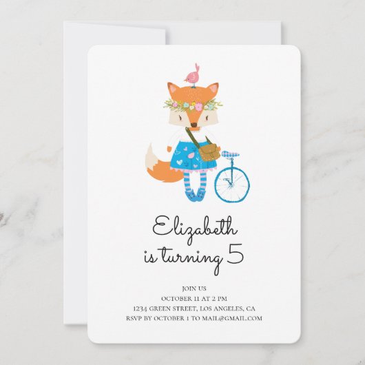 Fox Geburtstagsfeier Einladung. Mädchen. Tierart Einladung (Vorderseite)