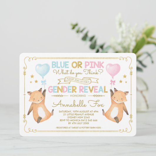 Fox Gender Reveal Baby Dusche Blue Pink Gold Einladung (Stehend Vorderseite)
