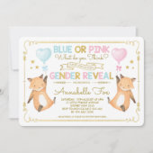 Fox Gender Reveal Baby Dusche Blue Pink Gold Einladung (Vorderseite)
