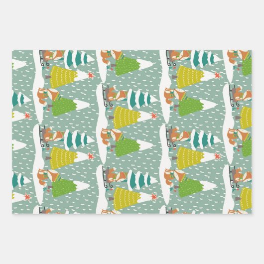 Fox Igel und Pinguin Weihnachts-Weihnachtsmuster Geschenkpapier Set (Vorderseite)