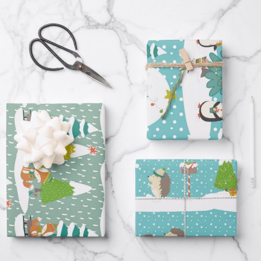 Fox Igel und Pinguin Weihnachts-Weihnachtsmuster Geschenkpapier Set (Vorderseite)